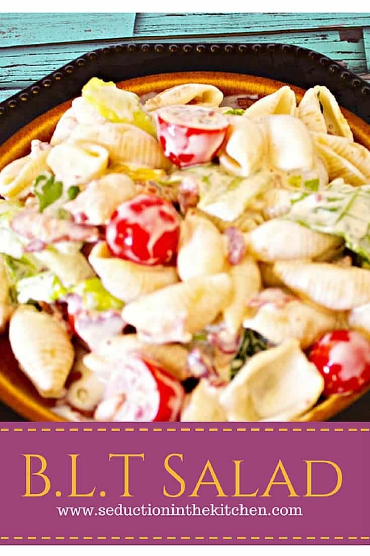 BLT Salad is a pasta salad with B.L.T flavoring to it, simple to make, and great for your next picnic. A recipe from Seduction in the Kitchen