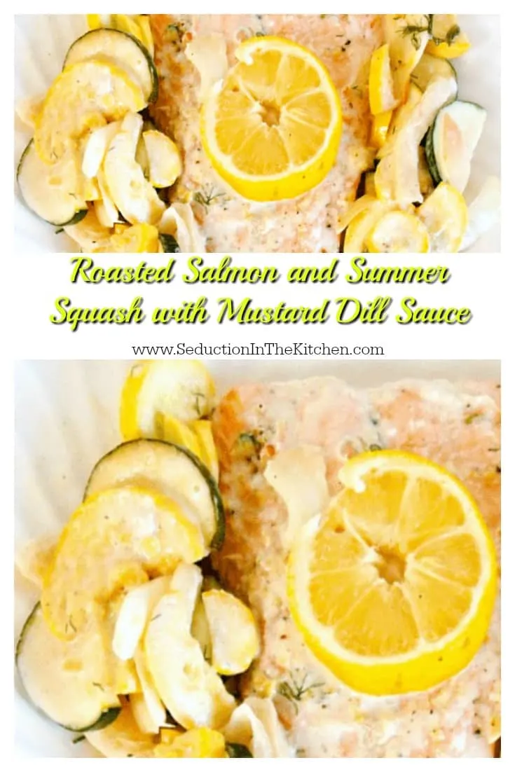 Roasted Salmon and Summer Squash with Mustard Dill Sauce uses fresh zucchini and summer squash from the garden. It is made with a wonderful sauce.