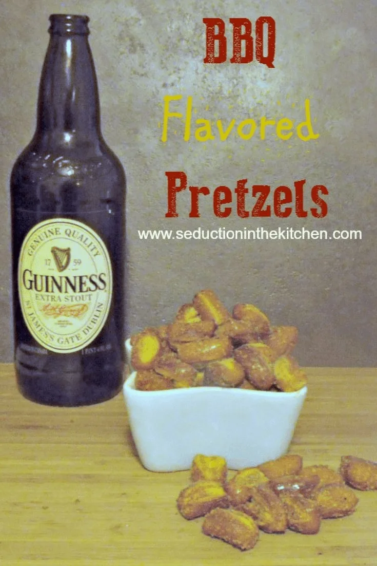 BBQ Flavored Pretzels with beer in a white dish
