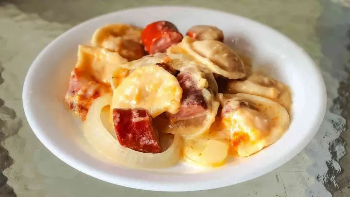 Tailgate Pierogies with Kielbasa, Bacon, and Onions Tailgate pierogies
