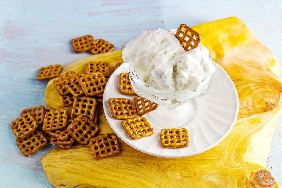 Balsamic French Onion Dip With Bacon Wide view with pretzels