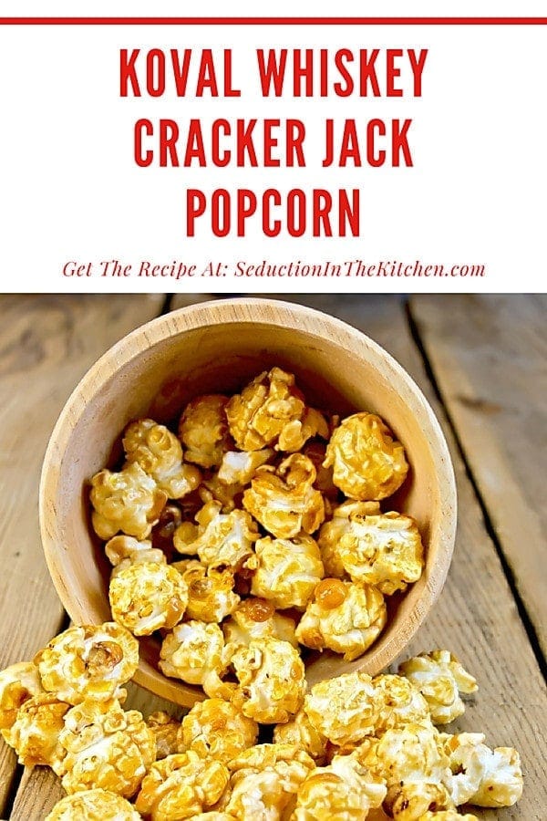 Carmel Popcorn in a wooden bucken on table long pin