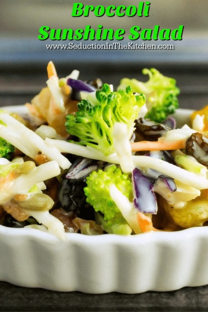 Broccoli Sunshine Salad adds dried apricots to a traditional broccoli salad for a great taste that you will love. 