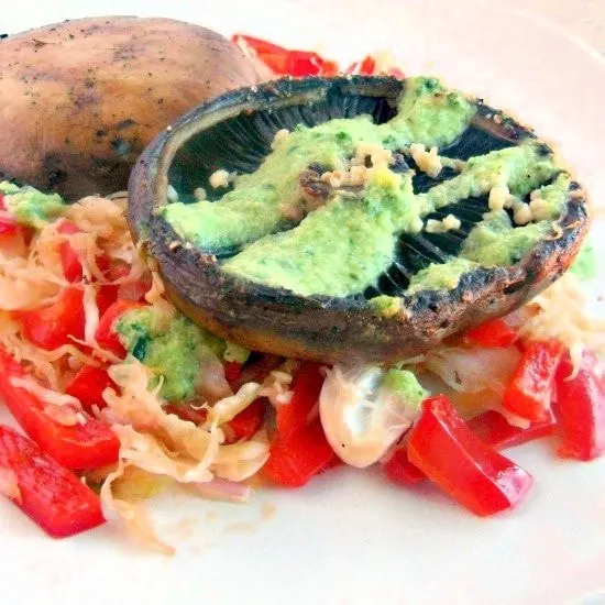 Grilled Portobello Mushrooms On Red Pepper Slaw and Cucumber Dressing 1