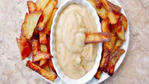 Red Skin Fries And Roasted Garlic Dipping Sauce: Alternative for Ketchup Red Skin Fries