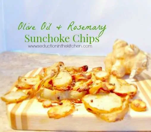 Baked Rosemary And Olive Oil Sunchoke Chips is a healthier alternative to baked potato chips! These nutty flavored baked chips have a great taste with the rosemary salt that flavors this snack old photo