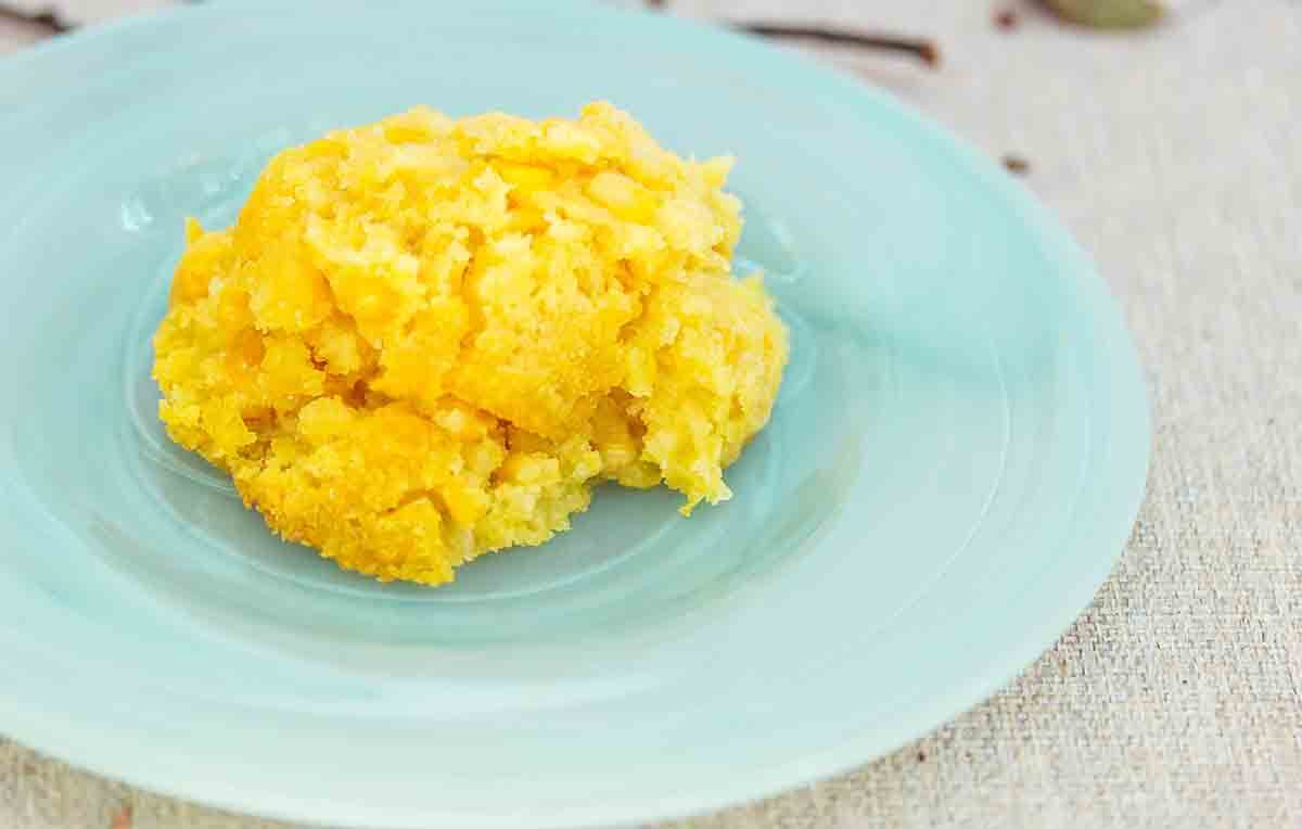 Sweet Corn Cake on blue plate