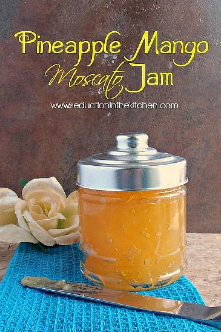 Pineapple Mango Moscato Jam is a sweet jam for saving summer for #sundaysupper.  The tropical taste of pineapple and mango combined with moscato wine makes for a wonderful jam.