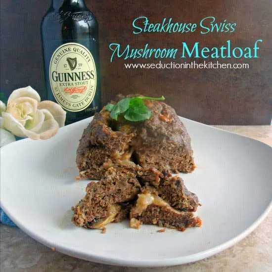 steakhouse swiss mushroom meatloaf on white plate