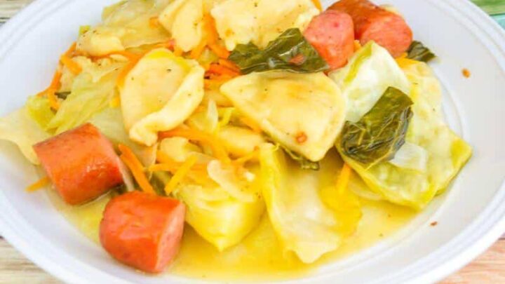 Buttery Slow Cooker Cabbage Pierogies and Keilbasa