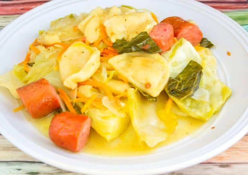 Buttery Slow Cooker Cabbage Pierogies and Keilbasa