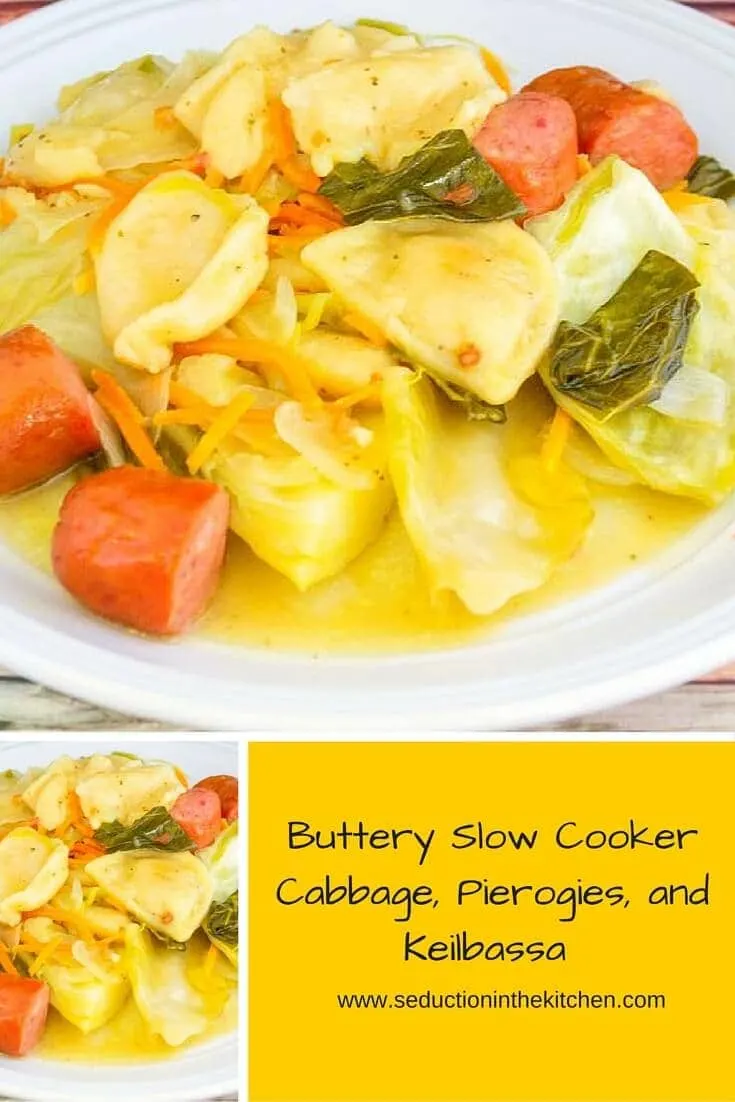 Buttery Slow Cooker Cabbage, Pierogies, and Kielbasa are a buttery, sweet cabbage combined with pierogies and kielbasa in a slow cooker. 