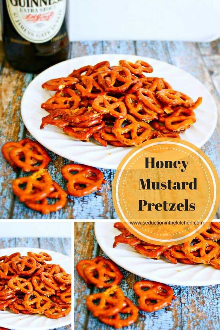 Honey Mustard Pretzels is sweet, but tangy snacking pretzel that is only 2 ingredients! A recipe from Seduction in the Kitchen. 