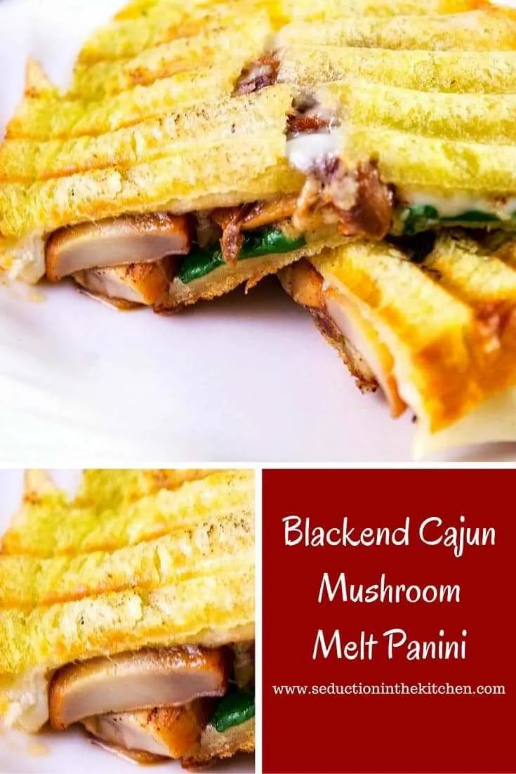 Blackened Cajun Mushroom Melt Panini is savory mushrooms blackened with Cajun seasonings and placed on Challah bread with melted cheese and baby greens and pressed into a panini. 