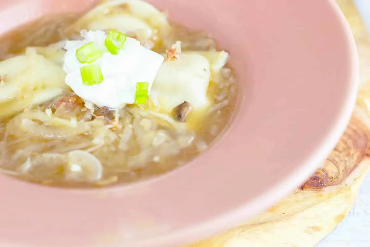 Pierogie Soup is comfort food in a bowl. Pierogies combined with the garlic kraut from Cleveland Kraut Cleveland Kraut make a satisfying soup! 