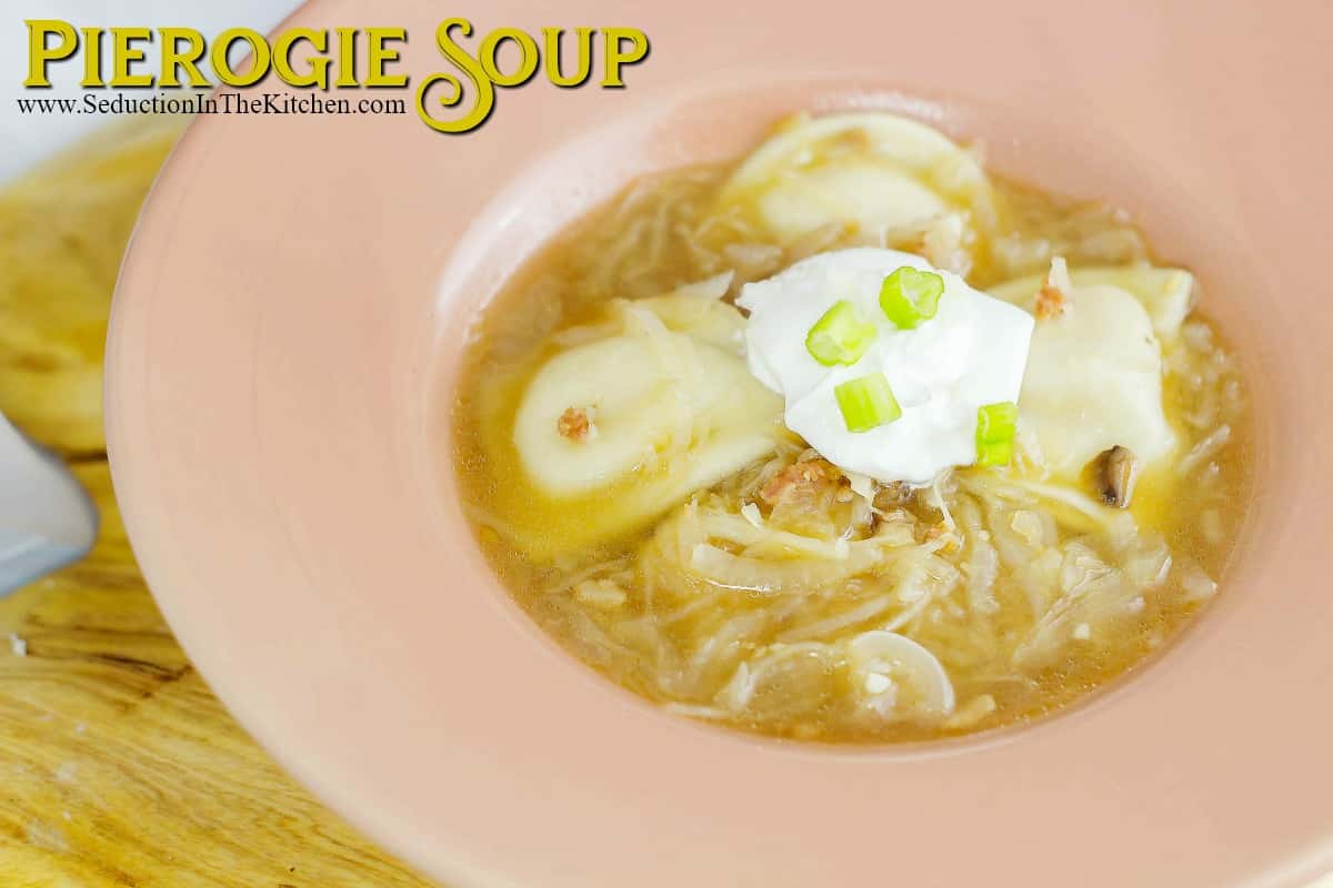 Pierogie Soup is comfort food in a bowl. Pierogies combined with the garlic kraut from Cleveland Kraut Cleveland Kraut make a satisfying soup! 