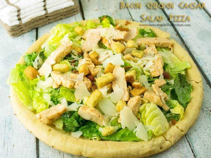 Bacon Chicken Caesar Salad Pizza is inspired by Caesar's Palace Resort in Las Vegas. It is Caesar salad meets pizza with grilled chicken and bacon toppings. 