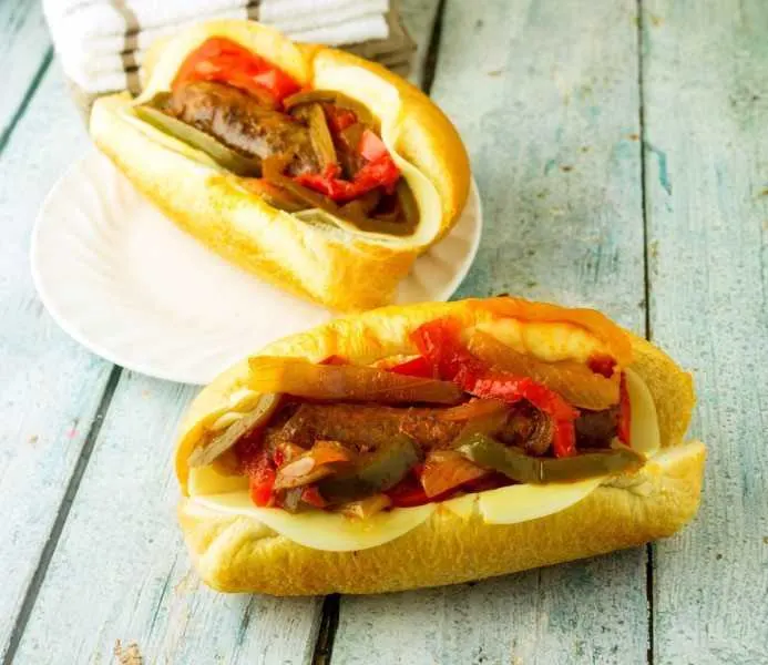 Classic Italian Sausage, Peppers, and Onions Sandwiches Old photo