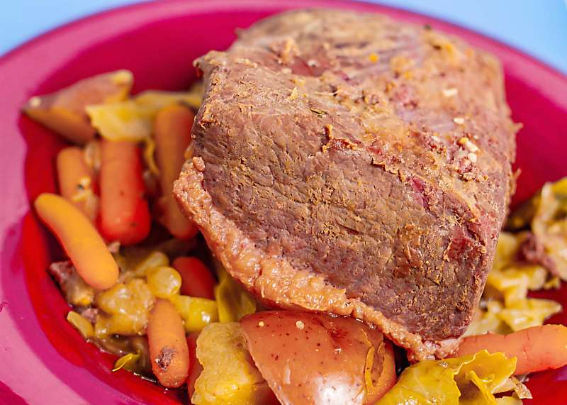 crock pot apple cider corned beef and cabbage close up of brisket