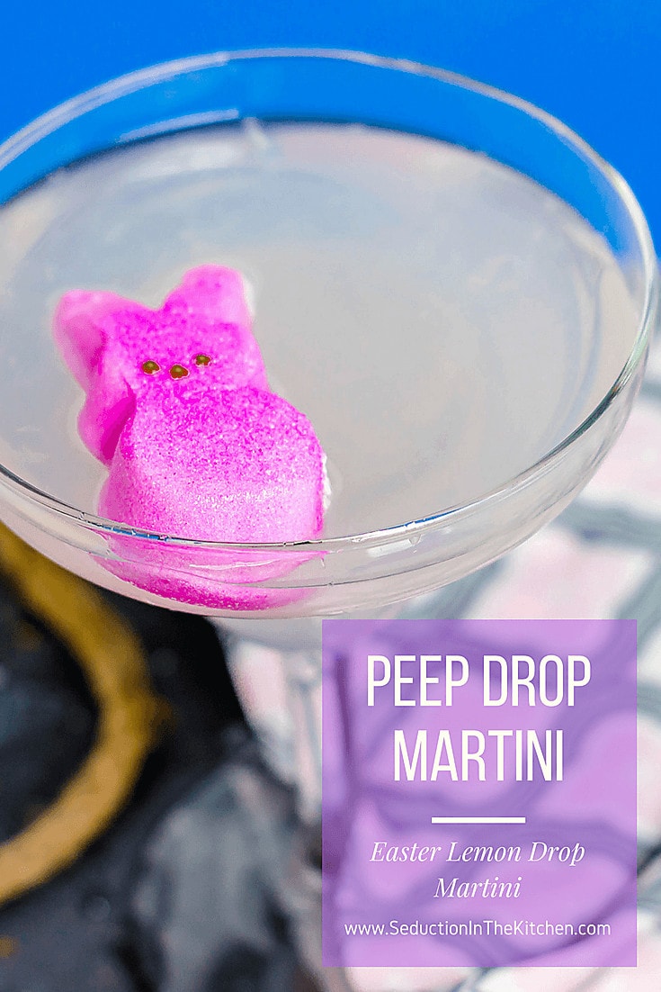 Peep Drop Martini is a marshmallow peep twist onto the lemon drop martini. Peep Drop Martini long pin