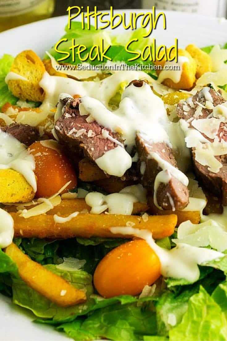 Pittsburgh Steak Salad is unique in the way the people of Pittsburgh Pa eat the steak salad by adding fries and Ranch dressing to it