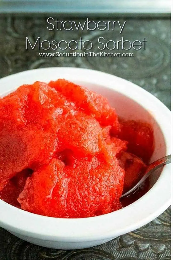 Strawberry Moscato Sorbet is an easy way to make whole fruit sorbet without an ice cream maker. Moscato wine gives that extra sweet taste that you will love. A recipe from Seduction in the Kitchen for #SundaySupper.