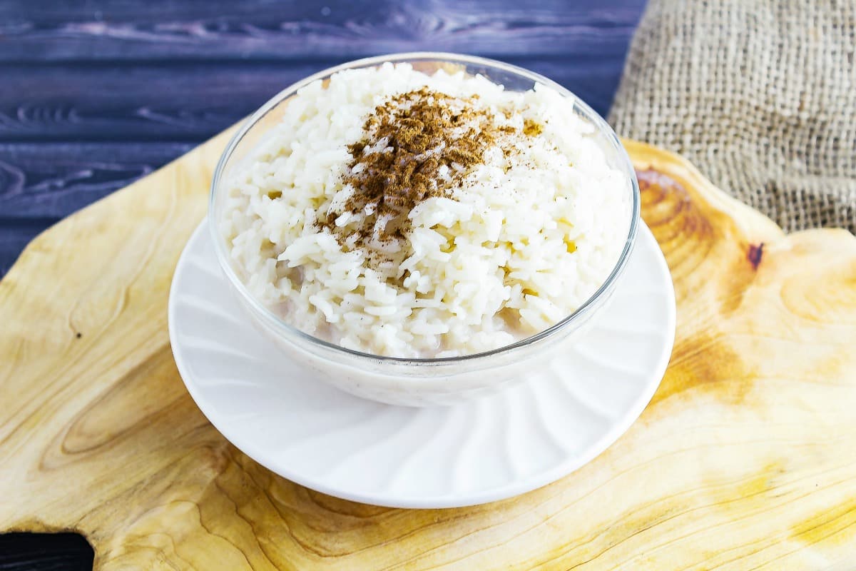 Leftover Chinese Food Rice Pudding wide view on wooden board