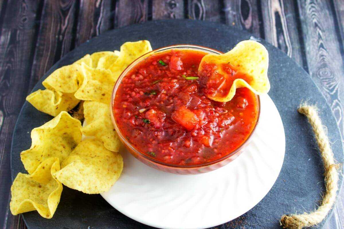 Raspberry Salsa overhead in bowl with chips