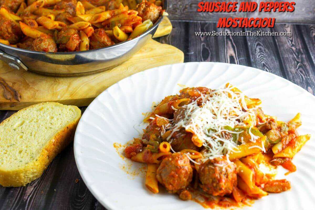 IItalian Sausage and Peppers Mostaccioli on plate with title