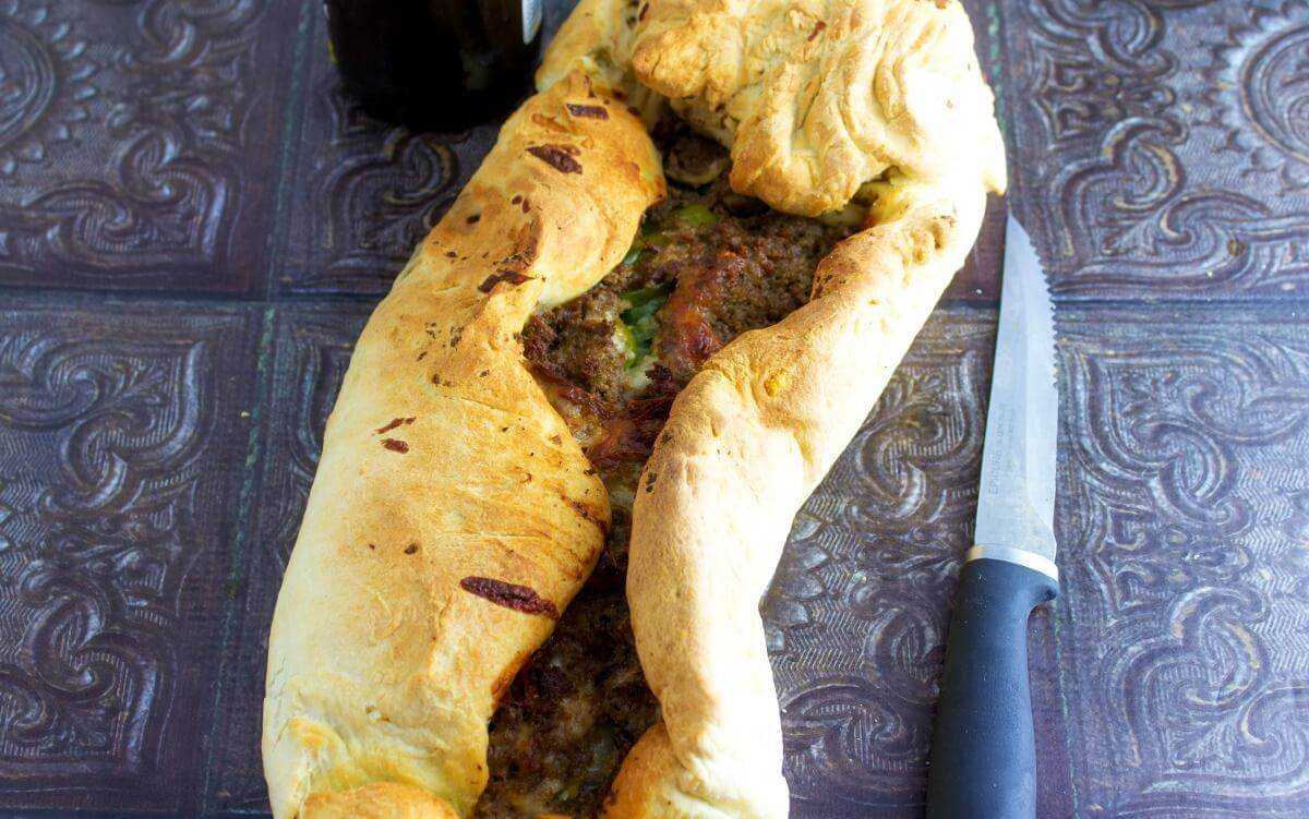 Philly Cheesesteak stromboli overhead view on table