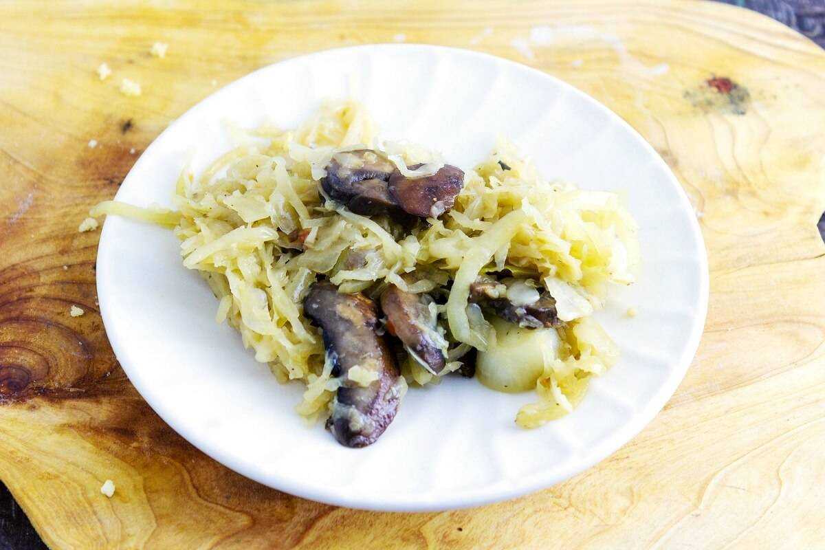 Saute Mushroom Sauerkraut was inspired by Pierogi filling. This savory side dish is perfect to pair with a pork entree. A recipe from Seduction in the Kitchen.