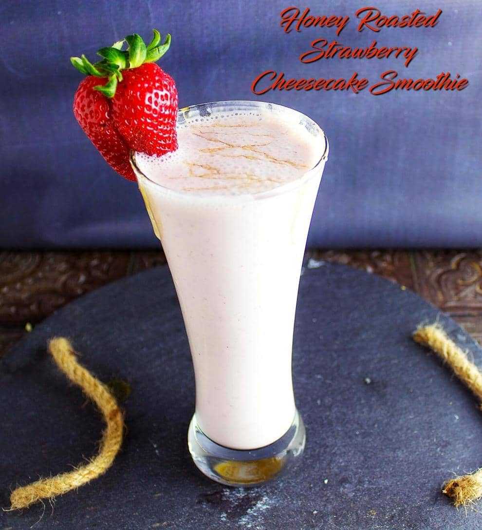 Honey Roasted Strawberry Cheesecake Smoothie is a healthy and delicious smoothie that you will love after a great workout! The honey roasted strawberries just make this smoothie pop with flavor. Best of all, it has no added sugar in it!