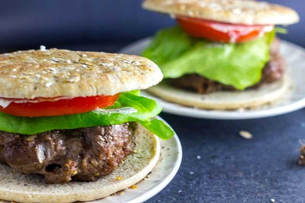 Persia Burger inspired by Persian meat kebabs. Onion and meat with spices grilled together then topped off with a roasted garlic lemon aioli. #Burgermonth2017