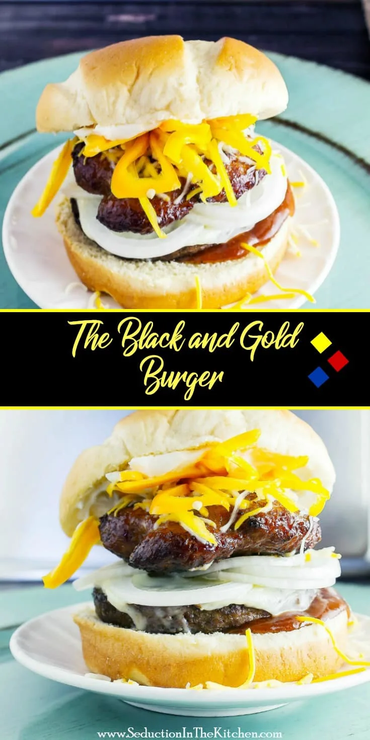 The Black and Gold Burger is a Burger loosely based on Peppi's Old Tyme Sandwich Shop in Pittsburgh famous Roethlis-burger. It is a burger for a Steeler's Fan.