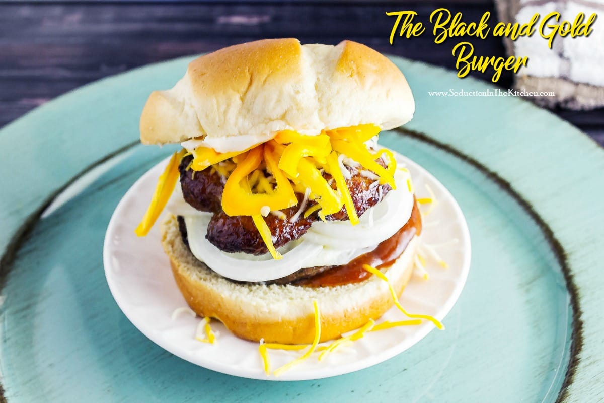 The Black and Gold Burger is a Burger loosely based on Peppi's Old Tyme Sandwich Shop in Pittsburgh famous Roethlis-burger. It is a burger for a Steeler's Fan.