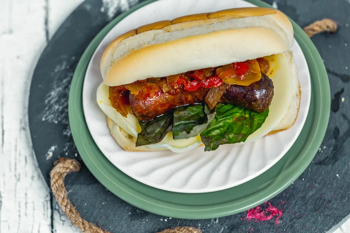 Classic Italian Sausage, Peppers, and Onions Sandwiches Overhead view