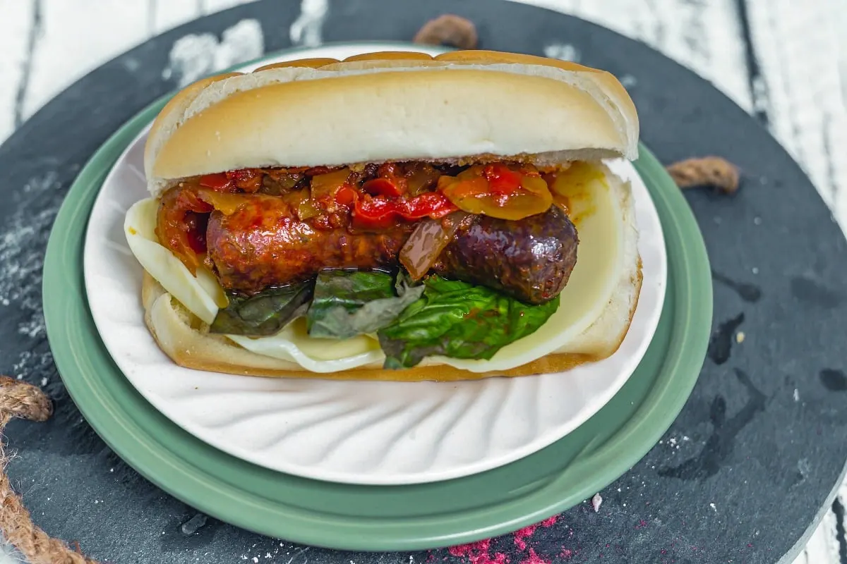 Classic Italian Sausage, Peppers, and Onions Sandwiches closeup