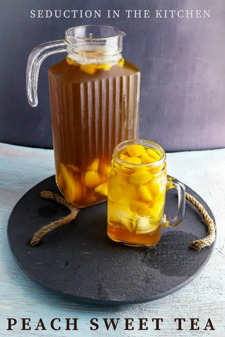 Peach Sweet Tea in mason jar and glass pitcher