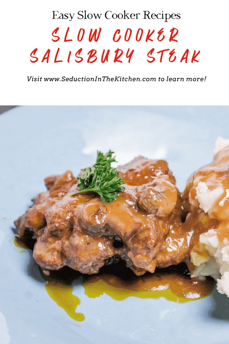 Slow Cooker Salisbury Steak is made with a rich, tangy gravy that is made in the slow cooker and is perfect for a busy family dinner! Slow Cooker Salisbury Steak long pin