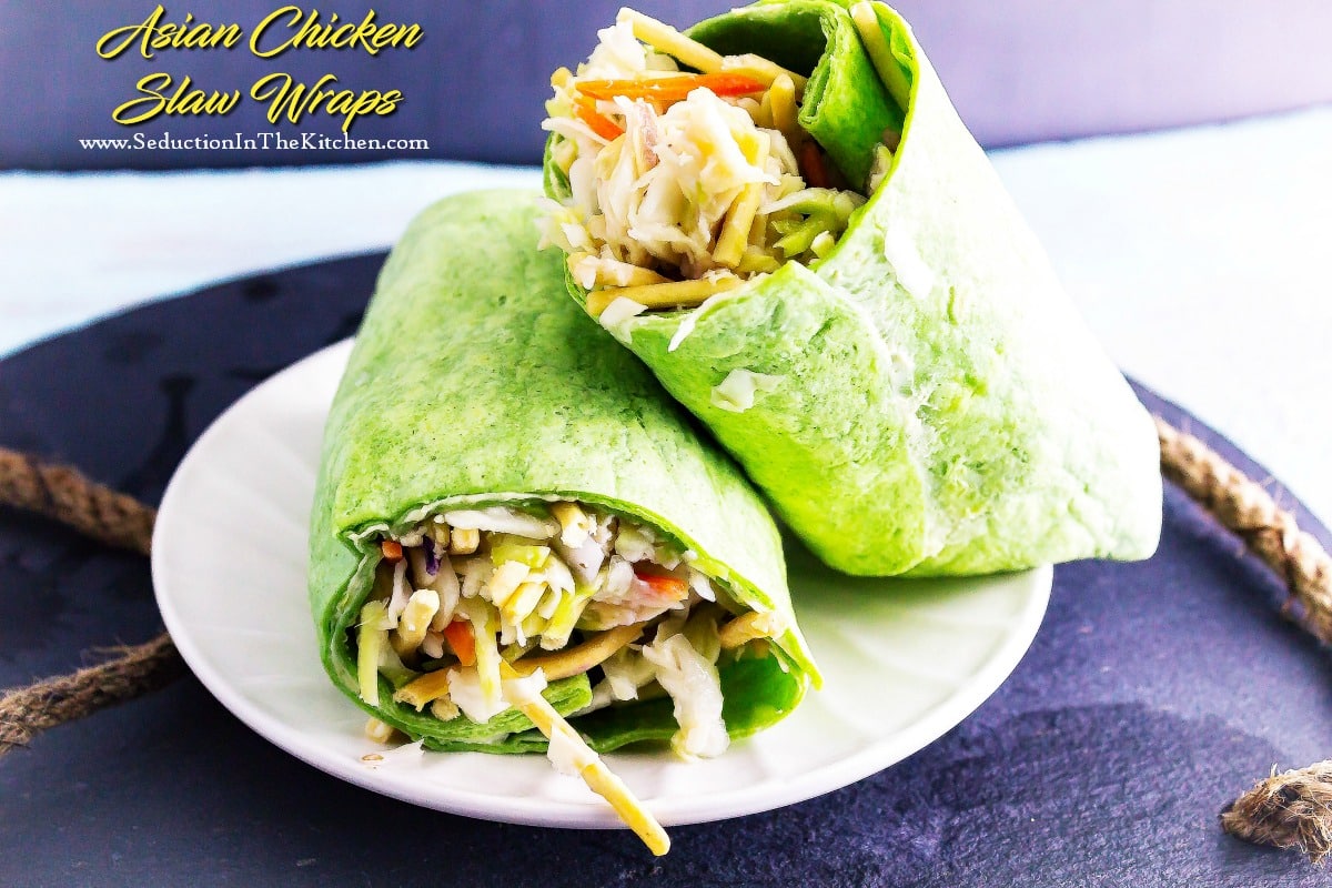 Asian Chicken Slaw Wraps is a healthy chicken salad with an Asian flavoring! Then it is all rolled up to make a delicious wrap.