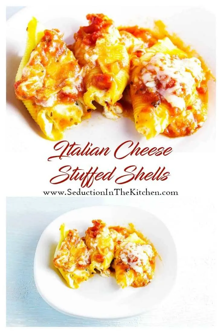 Italian Cheese Stuffed Shells is a simple ricotta cheese stuffed shells recipe to make for your family. The cheesy ricotta cheese oozes from the large pasta shells. Italian Cheese Stuffed Shells long pin