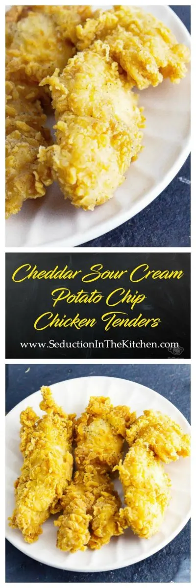 Air Fryer Cheddar Sour Cream Potato Chip Chicken Tenders are a wonderfully crispy, flavorful chicken tender that uses very little oil to make. This simple recipe only takes 4 ingredients to create these chicken tenders #chicken #potatochip #airfryer