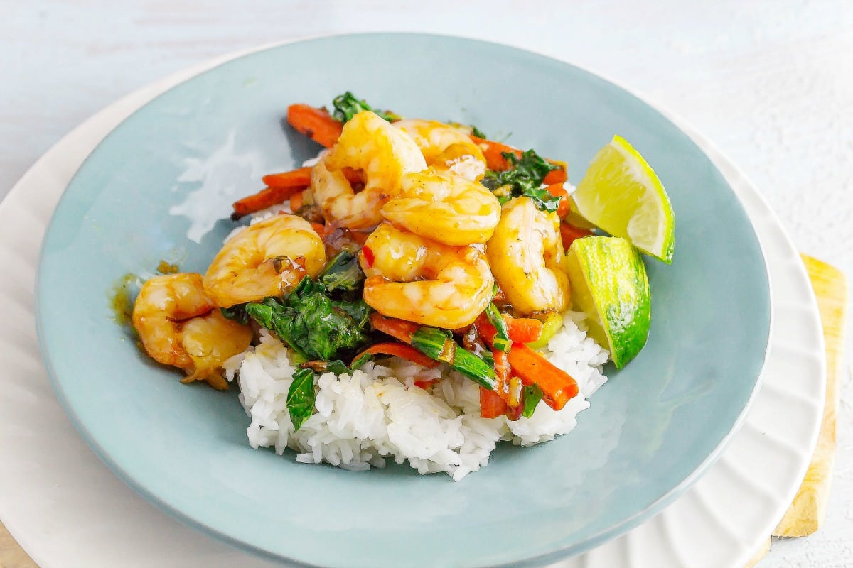 Sweet Chili Garlic Shrimp on blue plate