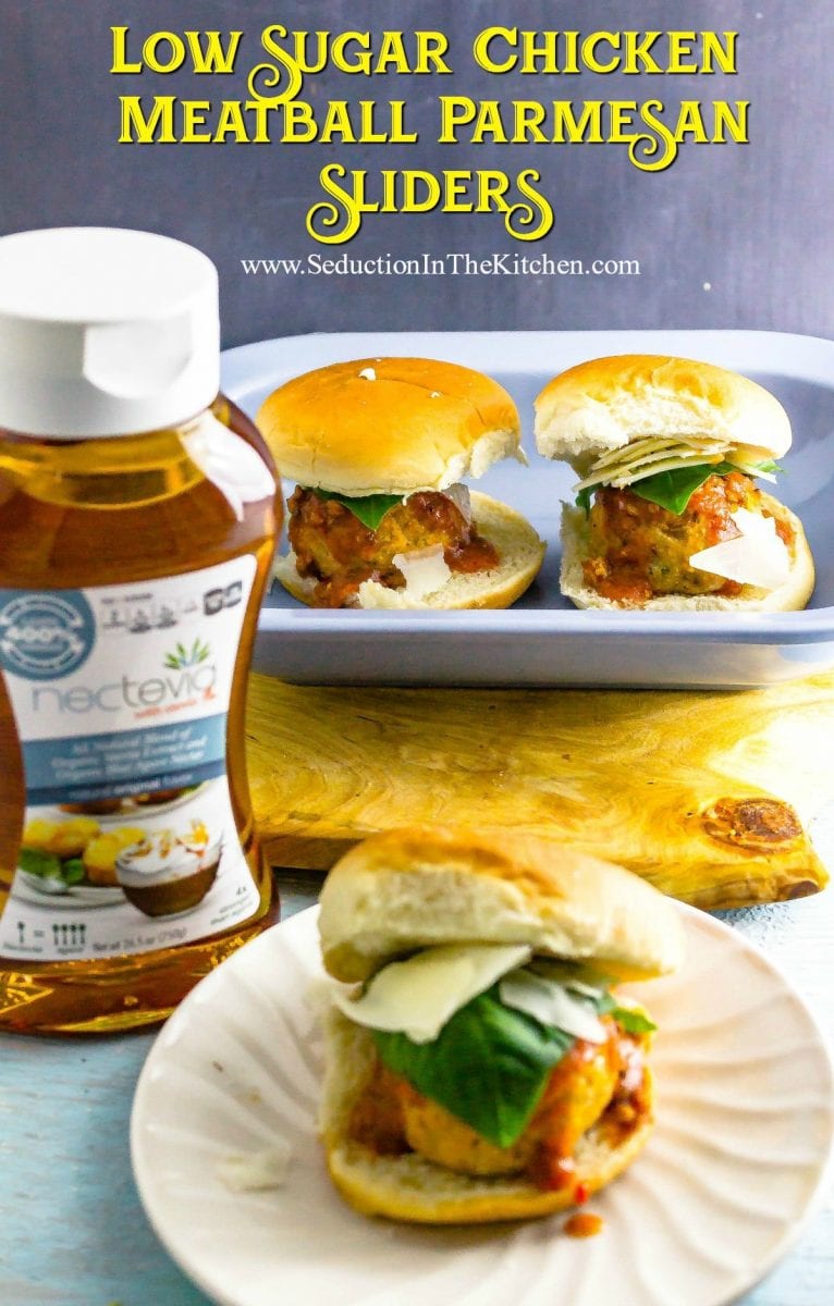Low Sugar Chicken Meatball Parmesan Sliders is perfect for Football tailgating season. They are snack size and best of all the sauce is made with Nectevia to make it low sugar!