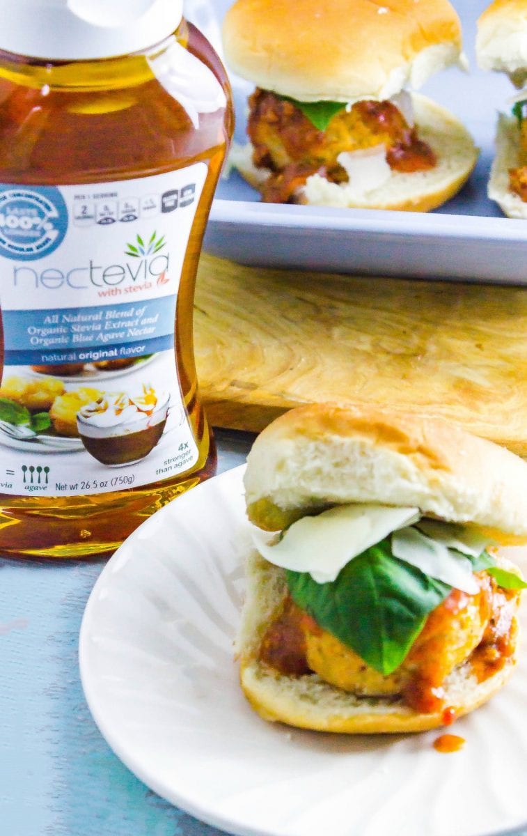 Low Sugar Chicken Meatball Parmesan Sliders is perfect for Football tailgating season. They are snack size and best of all the sauce is made with Nectevia to make it low sugar!