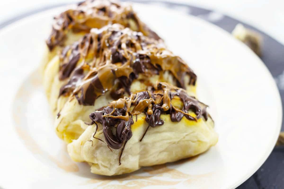 Chocolate Peanut Butter Pull Apart Bread is a peanut butter and chocolate lovers dream come true. Simple and delish is what this recipe is. side view