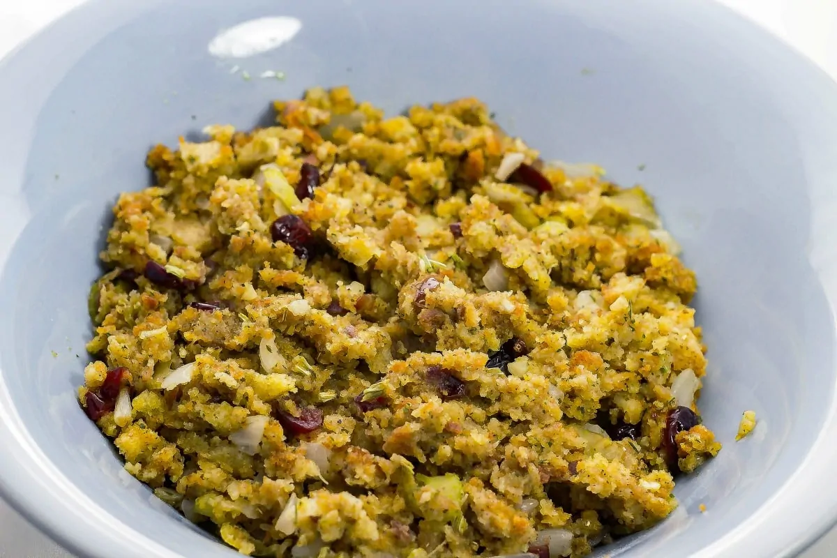 Cranberry Walnut Stuffing is a flavorful stuffing that you can make for the holidays. This savory side dish will sure to please everyone. overhead