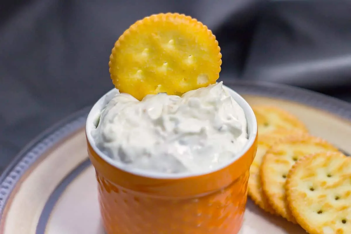 Feta Garlic and Chives Dip close up with cracker