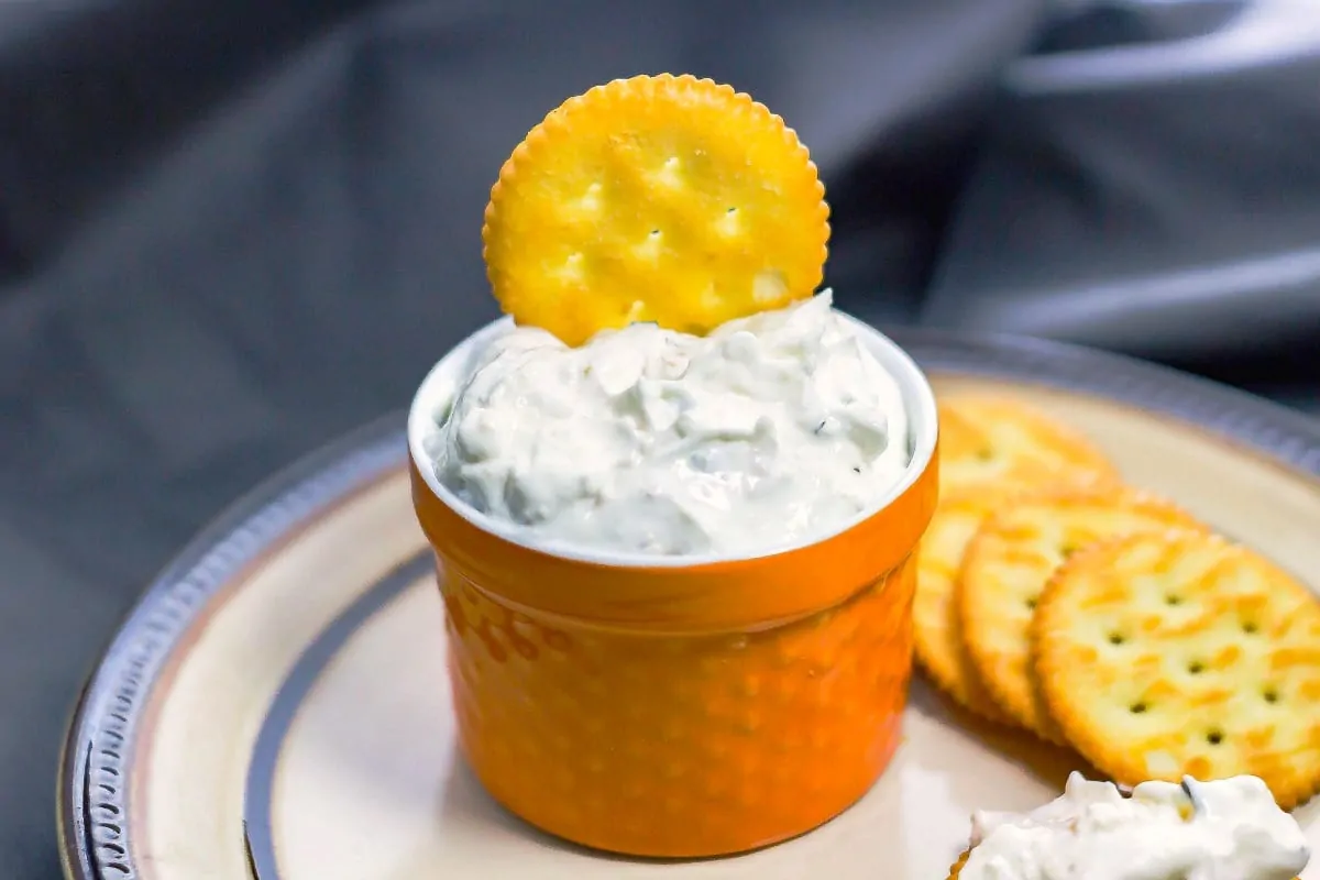 Feta Garlic and Chives Dipin bowl with cracker