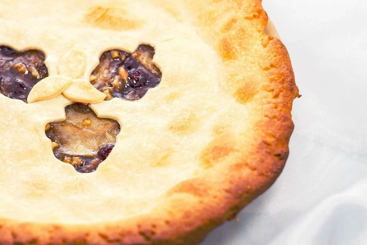 This Apple Pomegranate Walnut Pie is a semi-homemade pie Apple Pomegranate Walnut Pie side view of baked pie